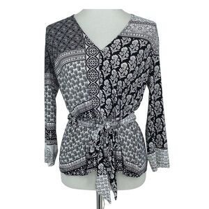 INC INTERNATIONAL CONCEPTS Black & White floral patchwork crossbody belted top